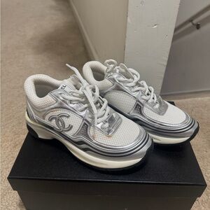 CHANEL Metallic Silver and White Sneakers